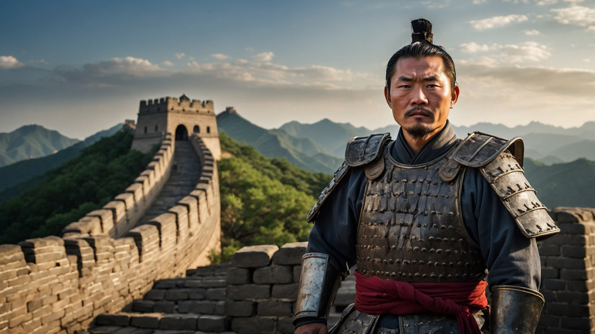 Ancient Chinese warrior in traditional armor standing on the Great Wall of China with a watchtower and mountains in the background.