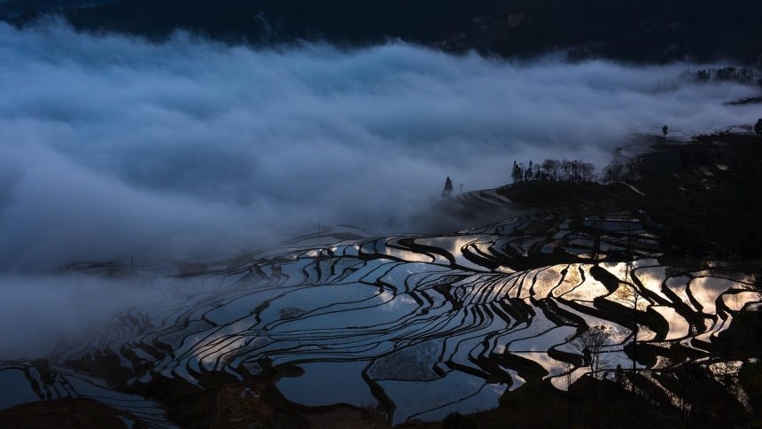 Terraced Hani rice fields reflecting light under low clouds and misty mountain landscape.