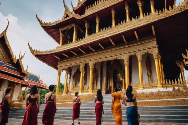 A group of diverse students exploring a Thai temple in a bustling atmosphere. (Image Credit: chiamhuiy.com)