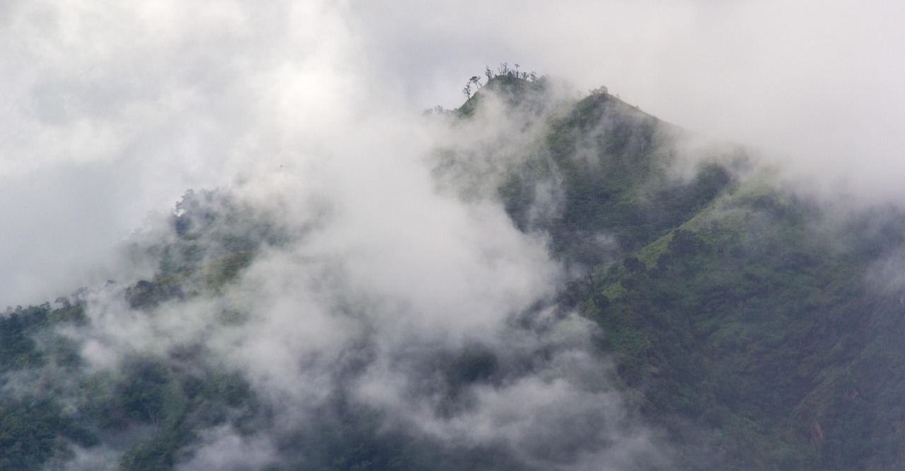 Misty green peaks of Phu Langka mountain partially covered by clouds in early morning light.